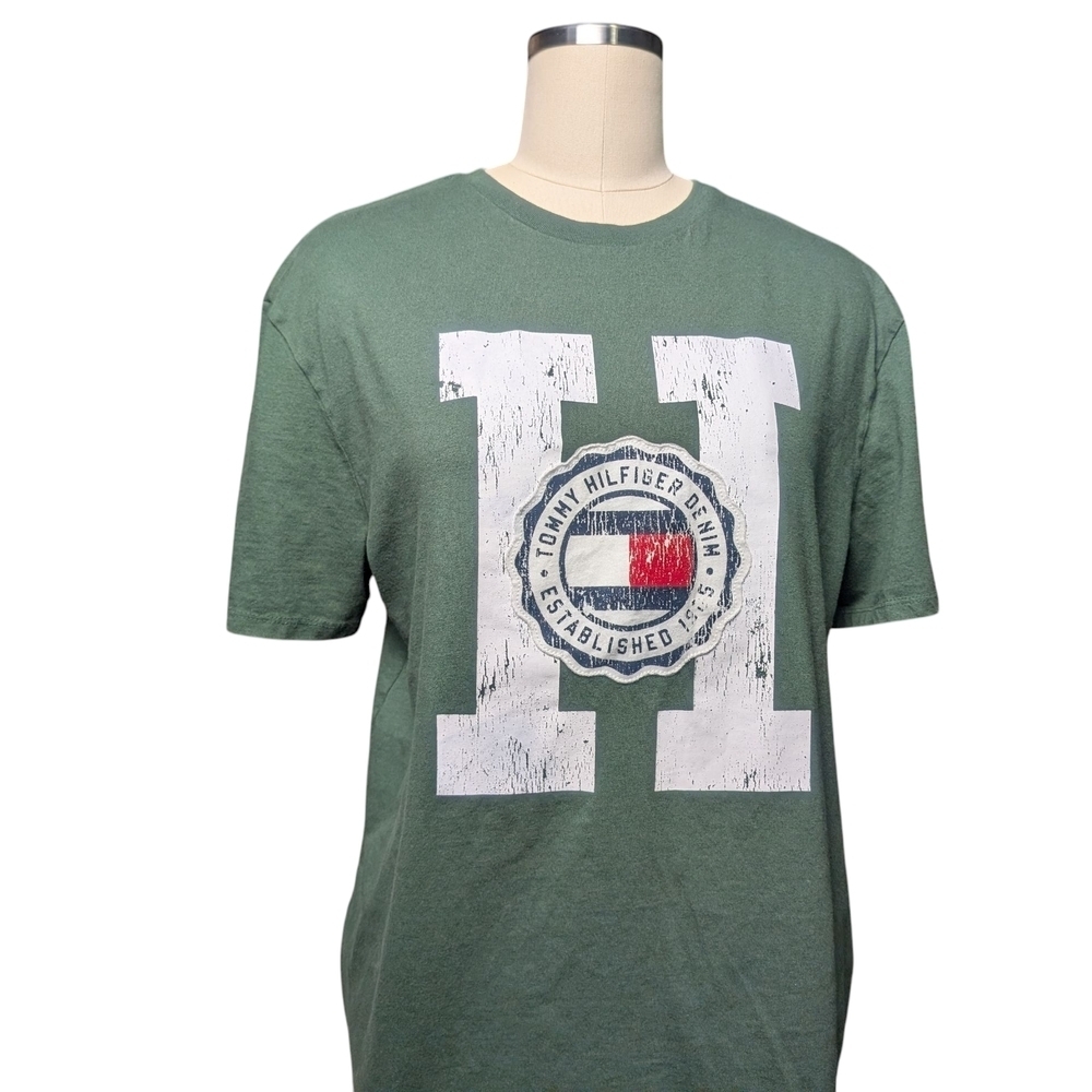 Tommy Hilfiger Retro Olive Green Logo Short Sleeve Tee Men's Large 90s 00s EUC - Picture 2 of 11